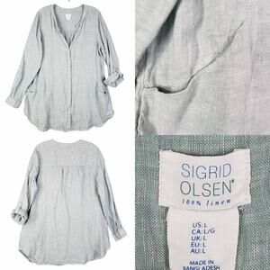 Sigrid Olsen Button Down Shirt Womens Size Large Linen 3/4 Sleeve Green Teal